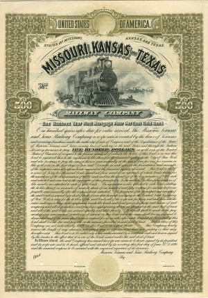 Missouri, Kansas and Texas Railway Co. - The Katy - 1890 dated Railroad Specimen Bond